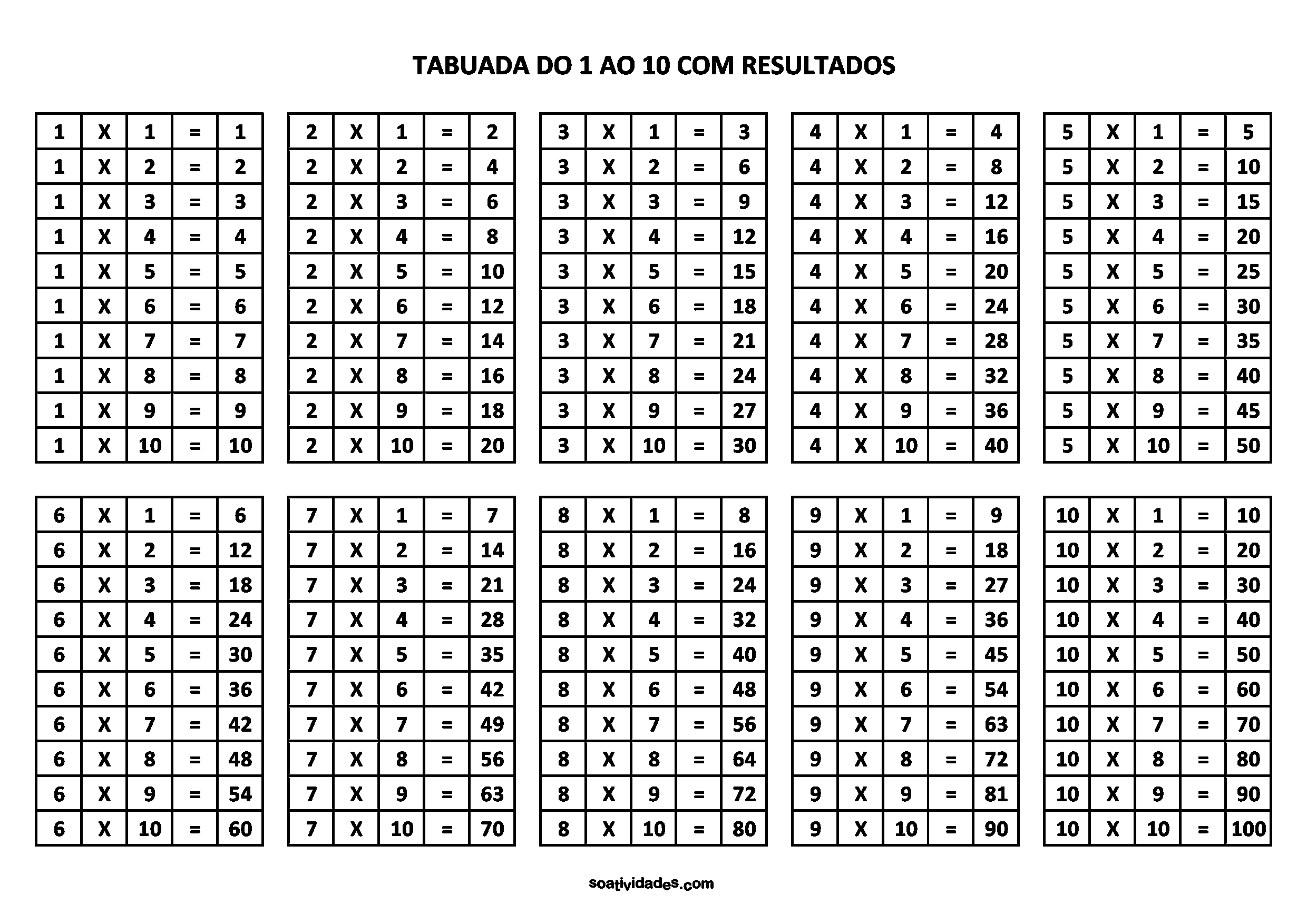 Tabuada para Imprimir do 1 ao 10 com/sem resultados